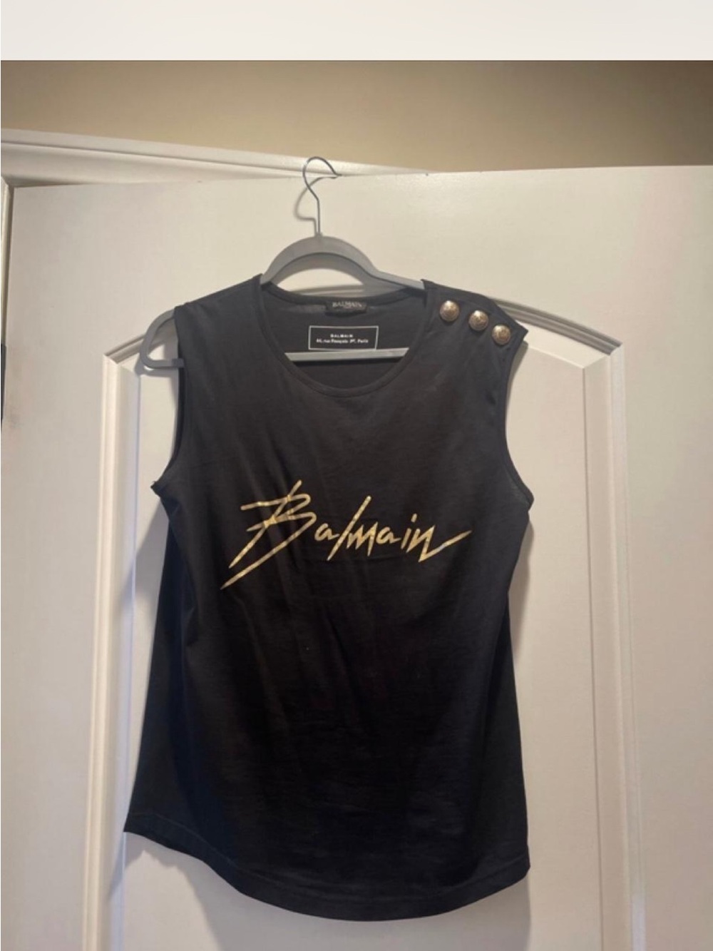 Balmain Black Tank with Gold Logo and Shoulder Buttons